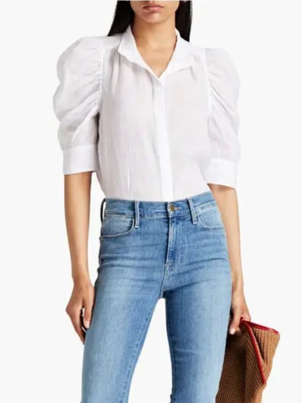 FRAME Gillian Ruched Sleeve Ramie Puff Sleeve Button Up White Top SZ S